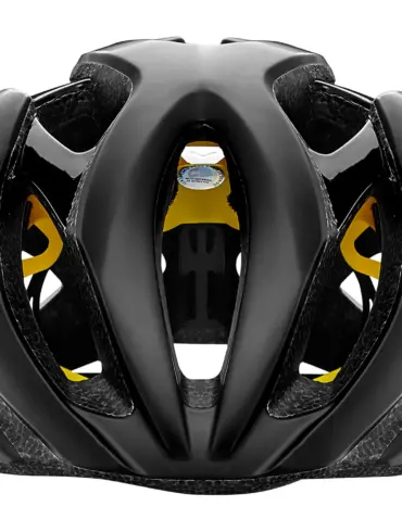 Oberansicht eines schwarzen Giant Rev MIPS Fahrradhelms mit gelben Akzenten und Belüftungsöffnungen, isoliert vor weißem Hintergrund.