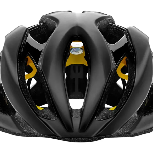 Oberansicht eines schwarzen Giant Rev MIPS Fahrradhelms mit gelben Akzenten und Belüftungsöffnungen, isoliert vor weißem Hintergrund.