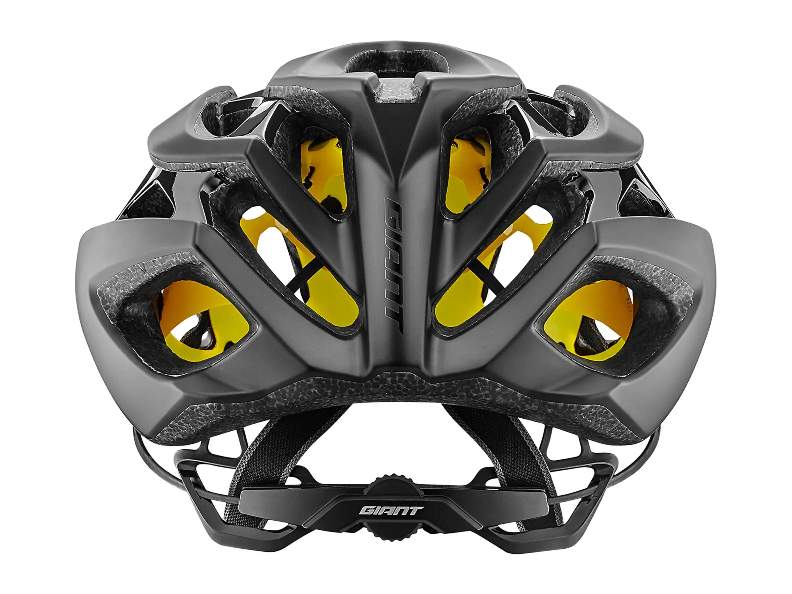 Rückansicht eines grauen Giant Rev MIPS Fahrradhelms mit gelben Akzenten und Belüftungsöffnungen.