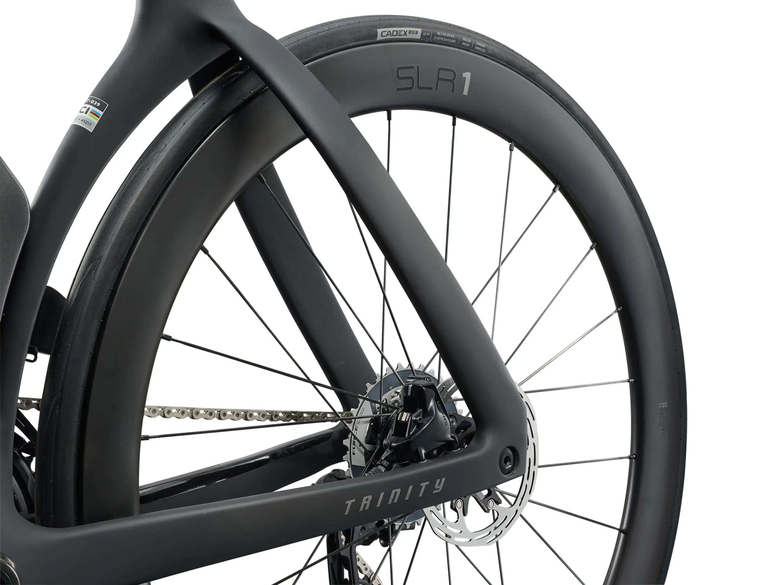 Detailansicht des schwarzen Giant Trinity Advanced SL 1 Rennrads mit Fokus auf das Hinterrad, die Kette, die Kassette, die Bremsscheibe und den aerodynamischen Carbonrahmen.