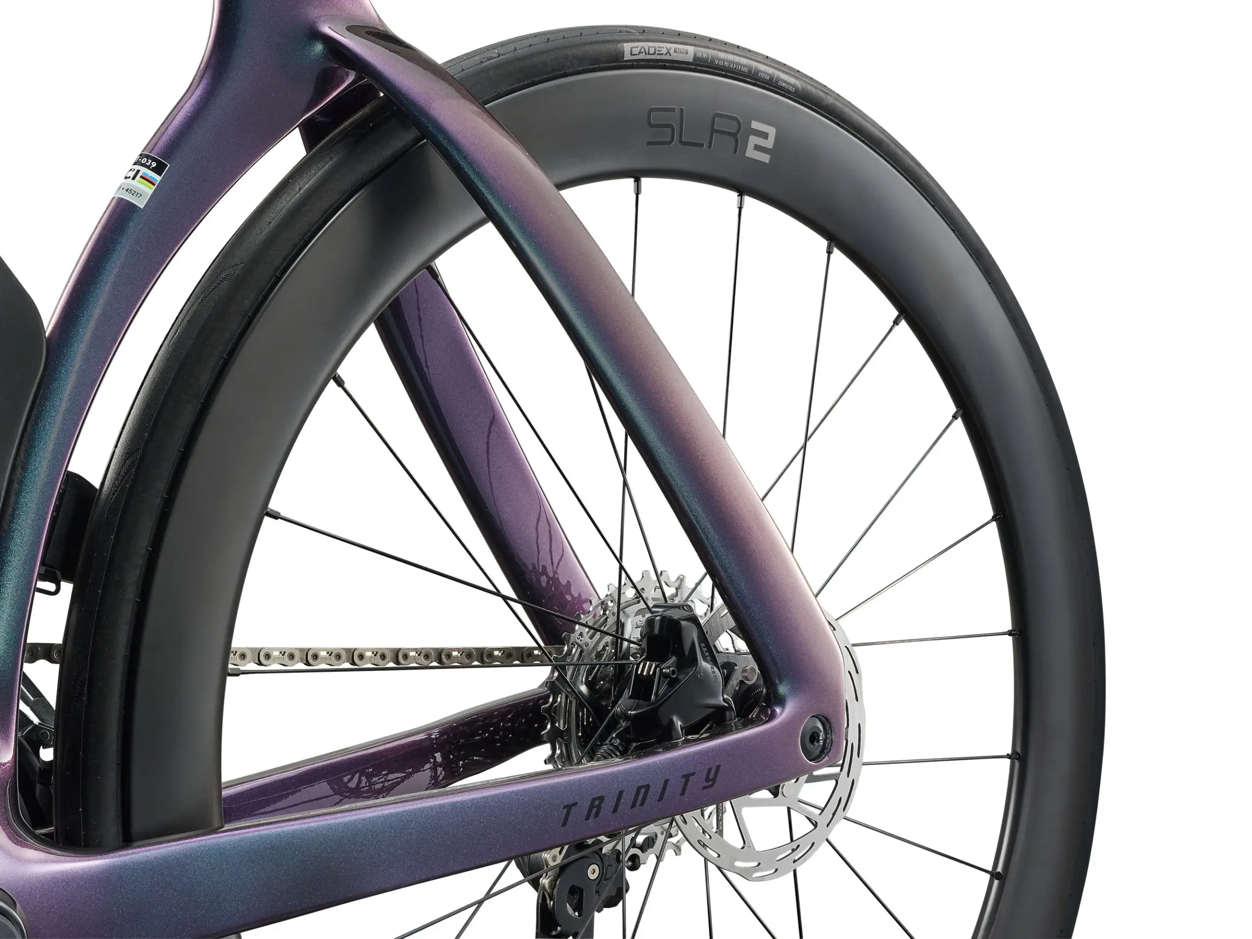 Detailaufnahme des Hinterrads eines Giant Trinity Advanced SL 2 Zeitfahrrads mit Fokus auf den Rahmen, die Kette und die Felge.