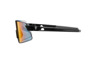 Seitenansicht der schwarzen Helio Glasses FotoVis Sportbrille mit einer verspiegelten, orange-blauen Scheibe und einem grauen Muster auf den Bügeln.