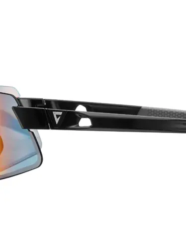 Seitenansicht der schwarzen Helio Glasses FotoVis Sportbrille mit einer verspiegelten, orange-blauen Scheibe und einem grauen Muster auf den Bügeln.