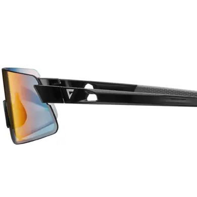 Seitenansicht der schwarzen Helio Glasses FotoVis Sportbrille mit einer verspiegelten, orange-blauen Scheibe und einem grauen Muster auf den Bügeln.