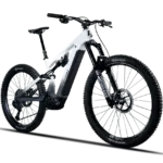 Lapierre Overvolt AM CF 10.8 E-All-Mountain-Bike, weißer Carbonrahmen mit schwarzen Akzenten, ausgestattet mit RockShox Federgabel und Dämpfer, Bosch Performance Line CX Motor und breiten Continental Reifen.