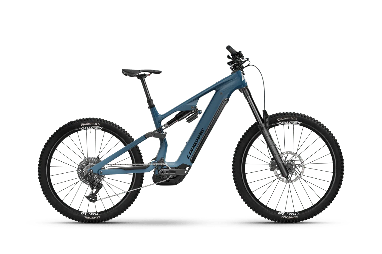 Ein blaues Lapierre Overvolt AM CF 7.8 E-MTB Fully im Seitenprofil.