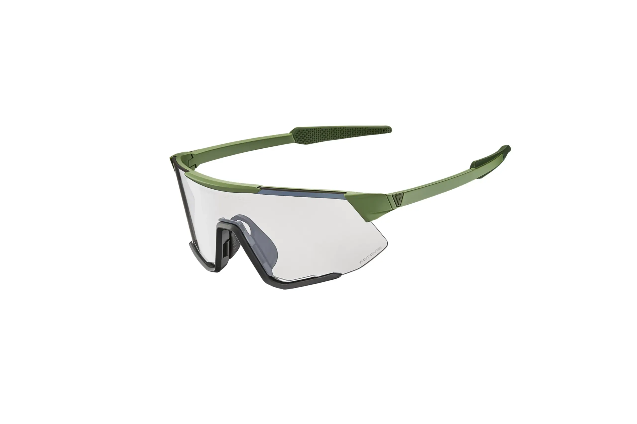 Grüne Lumea Radbrille mit transparenten FotoVis Gläsern, auf weißem Hintergrund.