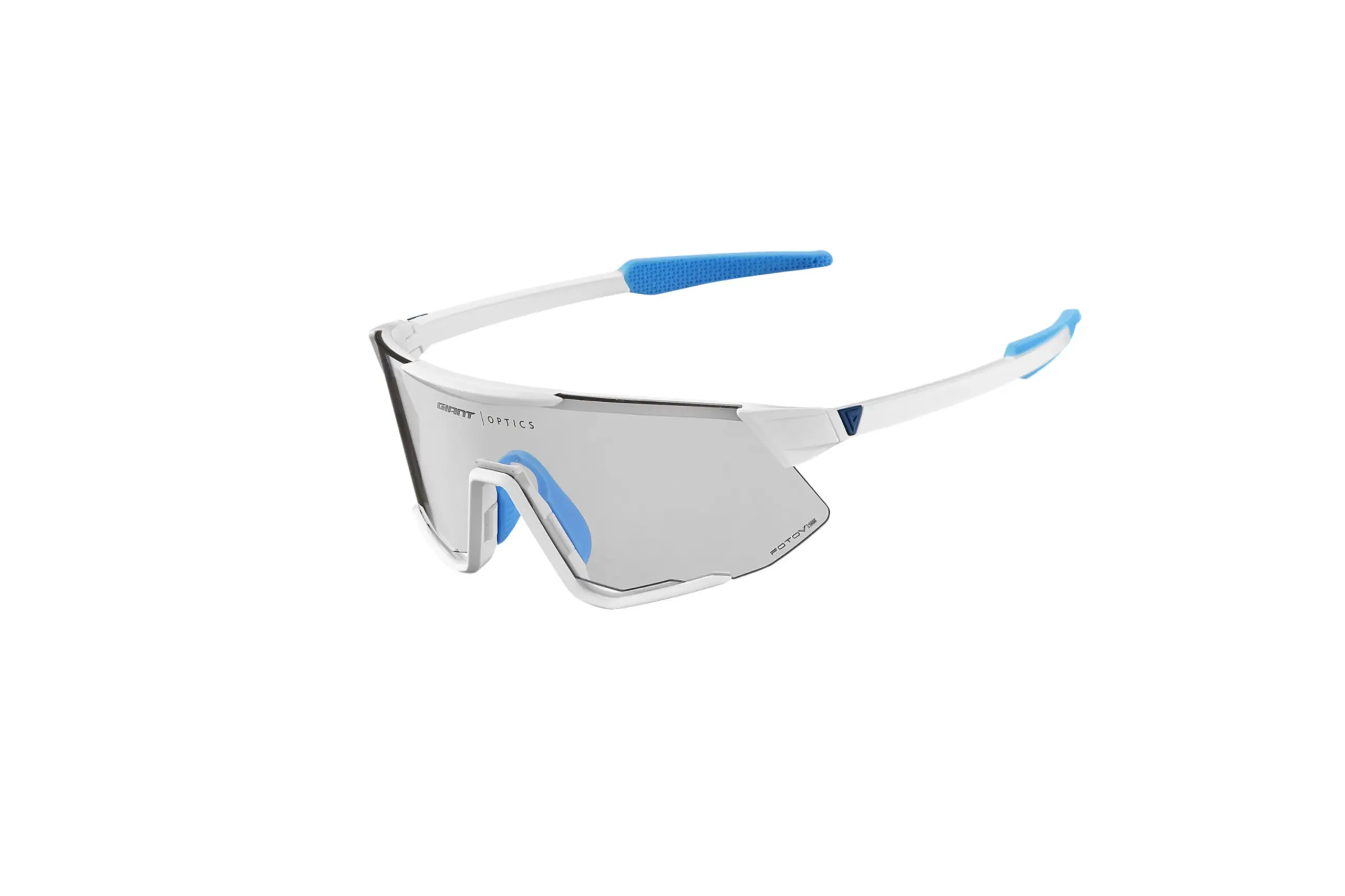 Weiße Giant Lumea Radbrille mit verspiegelten Gläsern und blauen Akzenten auf den Bügeln und der Nasenauflage.