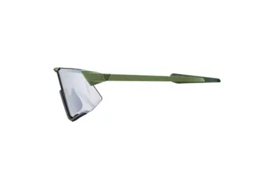 Olivgrüne Lumea Sportbrille mit transparenten FotoVis-Gläsern und markantem Rahmendesign, von der Seite fotografiert.