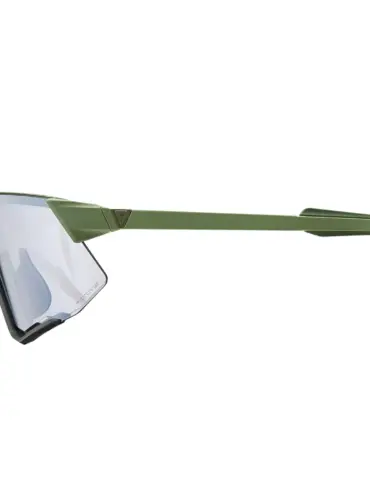 Olivgrüne Lumea Sportbrille mit transparenten FotoVis-Gläsern und markantem Rahmendesign, von der Seite fotografiert.