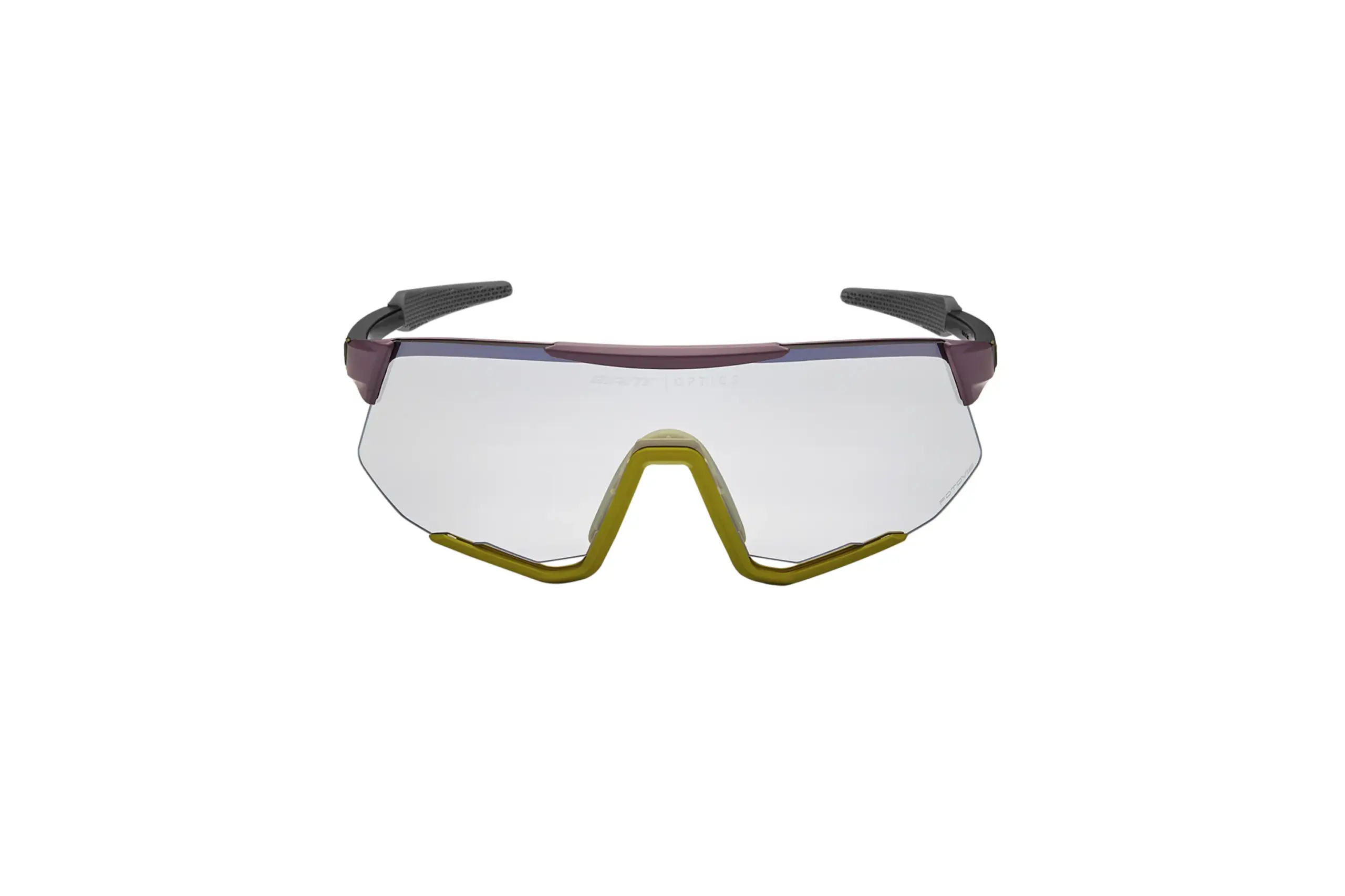 Detailaufnahme einer Lumea Sportbrille mit klaren Gläsern und dunklem Rahmen