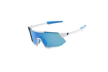 Weiße Lumea Sportsonnenbrille mit blauen, verspiegelten PolarVis-Gläsern und blauen Akzenten an den Bügelenden.