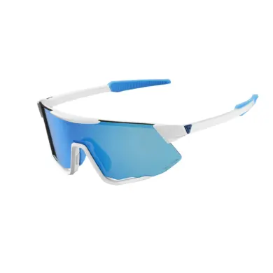 Weiße Lumea Sportsonnenbrille mit blauen, verspiegelten PolarVis-Gläsern und blauen Akzenten an den Bügelenden.