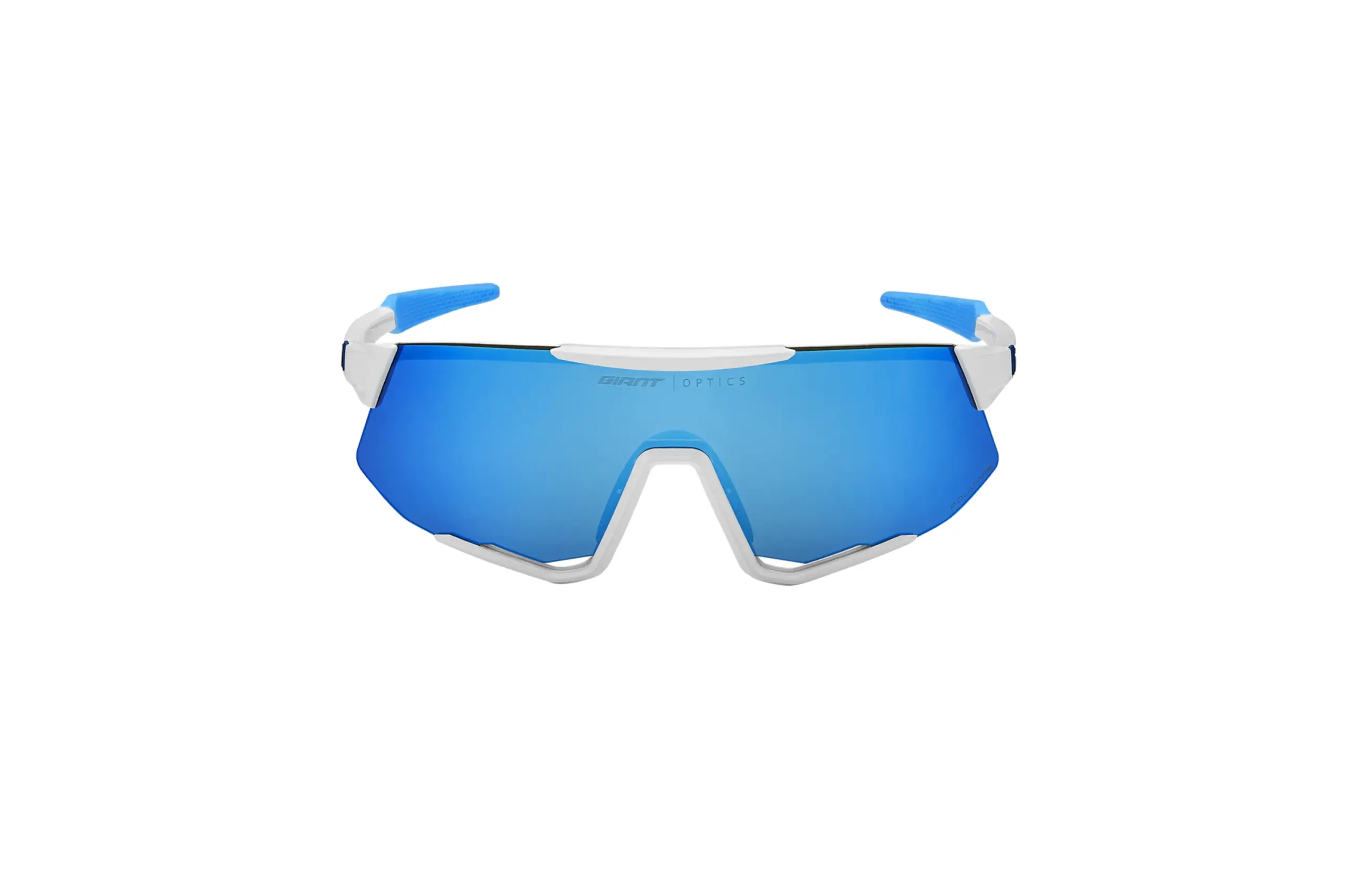 Weiße Sportsonnenbrille mit blauen Bügelenden und blau verspiegelten Gläsern. Die Marke 'GIANT OPTICS' und 'POLARVIS' sind auf den Gläsern sichtbar.