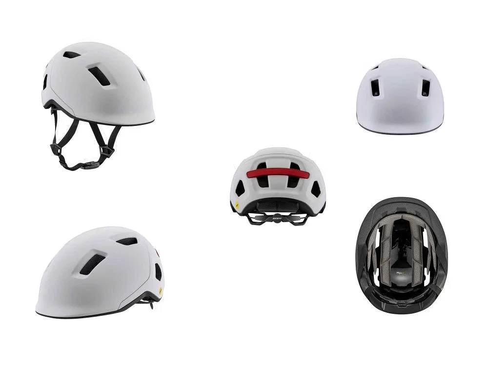 Mehrere Ansichten eines weißen Fahrradhelms mit Mips-Technologie, der für den Stadtverkehr konzipiert ist. Zu sehen sind die Vorder-, Rück- und Seitenansicht sowie die Innenseite des Helms.