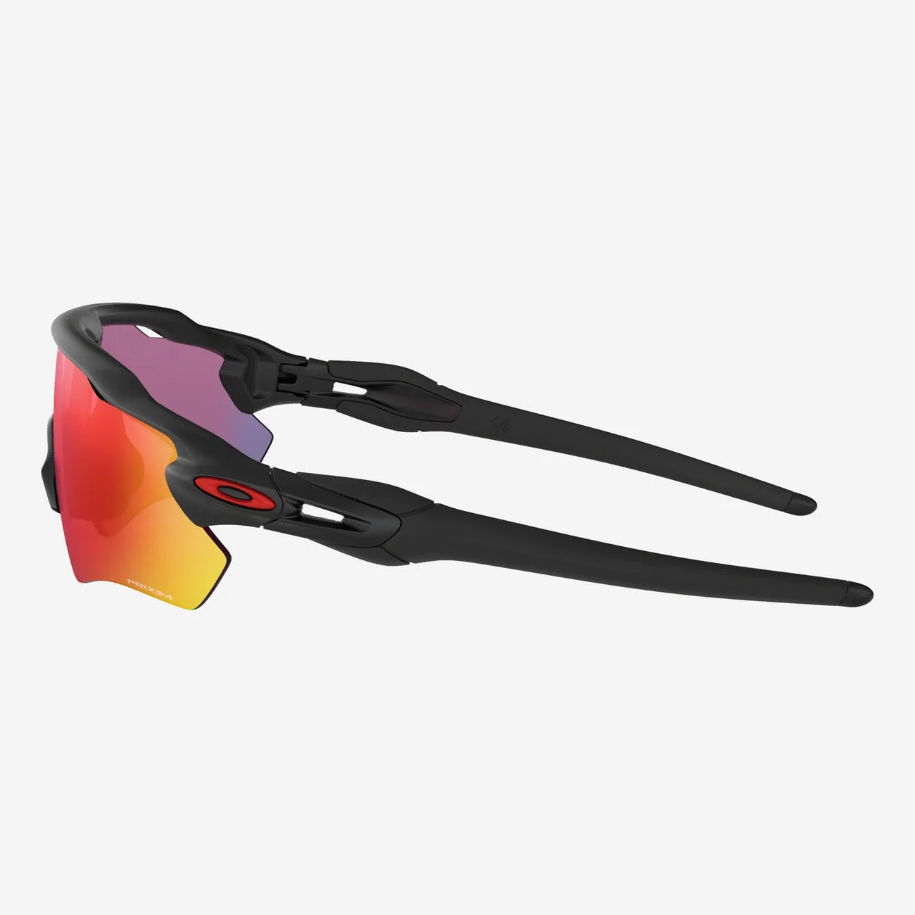 Seitenansicht der Oakley Radar EV Path Prizm Polarized Sportbrille in Schwarz mit reflektierenden, mehrfarbigen Gläsern.