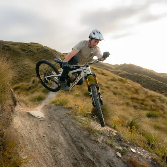 Ein Mountainbiker in Aktion auf seinem Pivot Firebird Bike, das über einen schmalen, erdigen Trail in einer grasbewachsenen Landschaft fährt. Der Fahrer befindet sich in der Luft, als ob er gerade einen Sprung gemeistert hätte. Die Sonne scheint im Hintergrund und erzeugt ein warmes Licht.