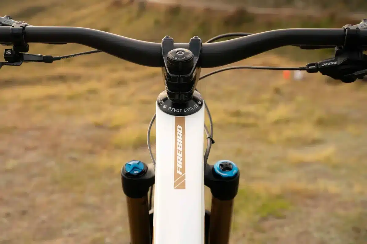 Eine Nahaufnahme des Lenkers, Vorbaus und der oberen Gabelbrücke eines weißen Pivot Firebird Mountainbikes mit dem Schriftzug 'FIREBIRD' auf dem Unterrohr.