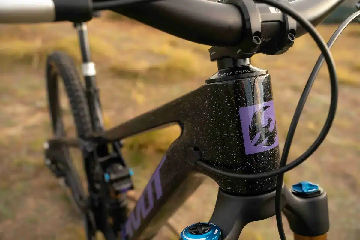 Nahaufnahme des Steuerrohrs eines schwarzen Pivot Firebird Mountainbikes mit grau-violettem Logo und gefederter Gabel.