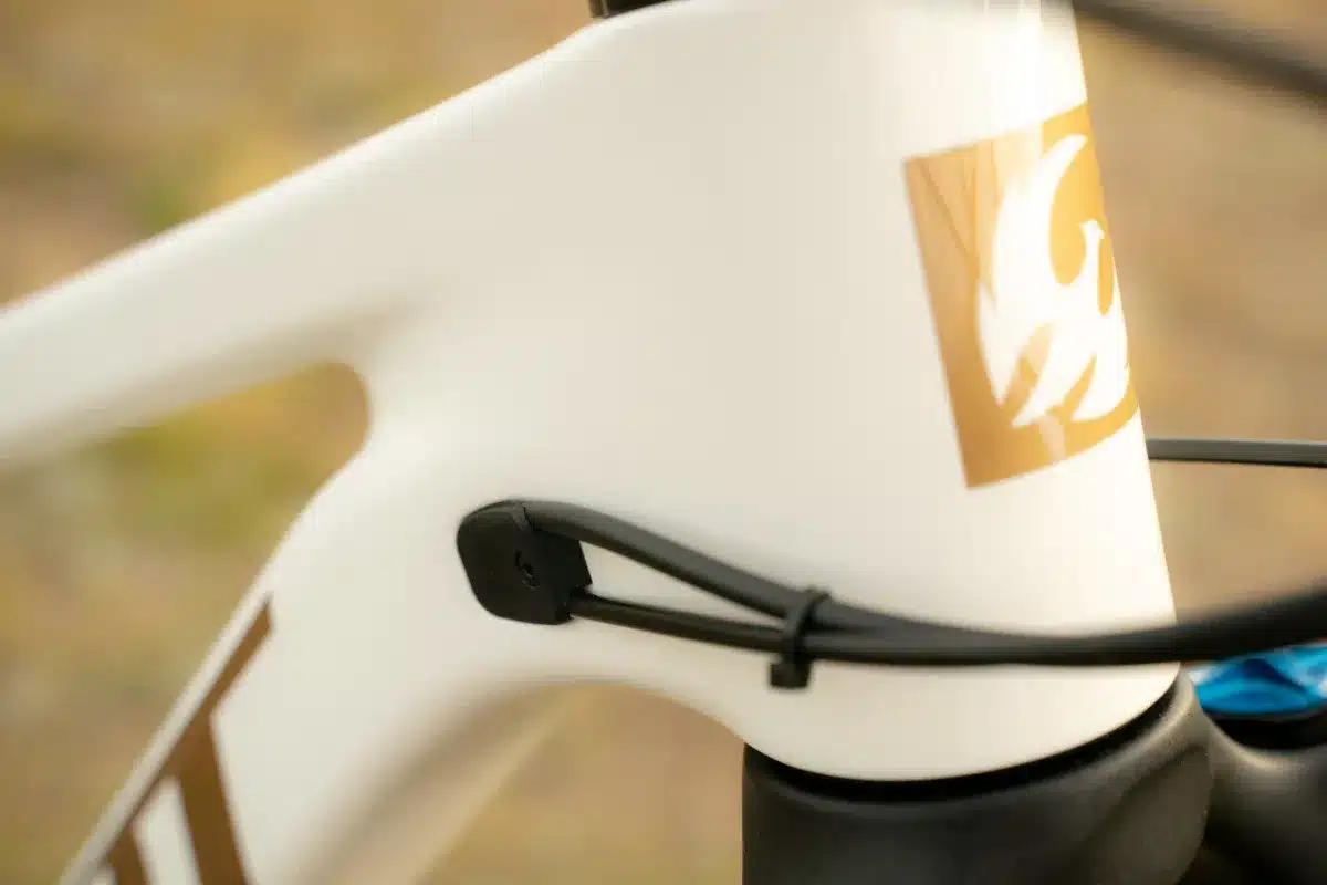 Nahaufnahme des weißen Steuerrohrs eines Pivot Firebird Mountainbikes mit dem goldenen Phoenix-Logo und einer schwarzen Klappe für die interne Kabelführung.