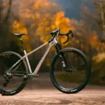 Ein silbernes Pivot LES SL Drop Bar Fahrrad mit 29-Zoll-Laufrädern und Federgabel steht auf einem herbstlich gefärbten Waldboden. Der Hintergrund zeigt Bäume mit buntem Laub.