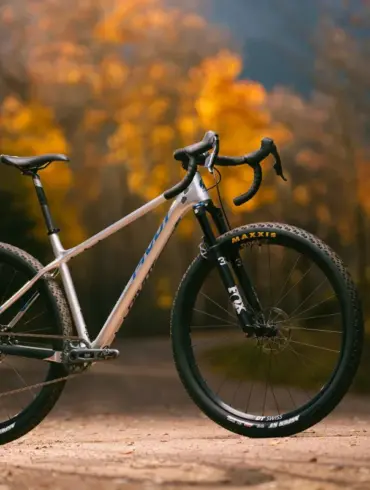Ein silbernes Pivot LES SL Drop Bar Fahrrad mit 29-Zoll-Laufrädern und Federgabel steht auf einem herbstlich gefärbten Waldboden. Der Hintergrund zeigt Bäume mit buntem Laub.