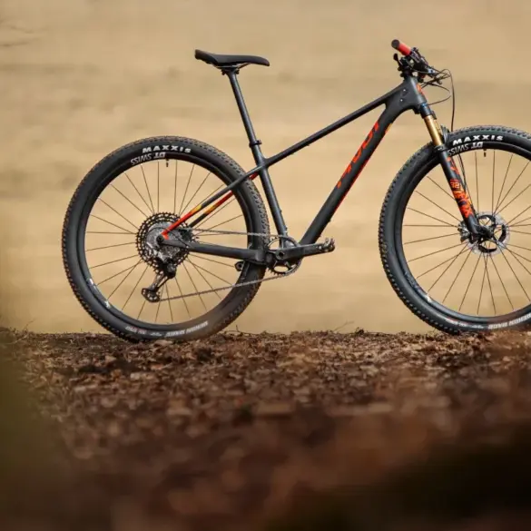 Ein schwarzes Pivot Les SL Cross-Country-Hardtail steht auf erdigen Blättern, das Vorderrad zeigt eine goldene Federgabel.