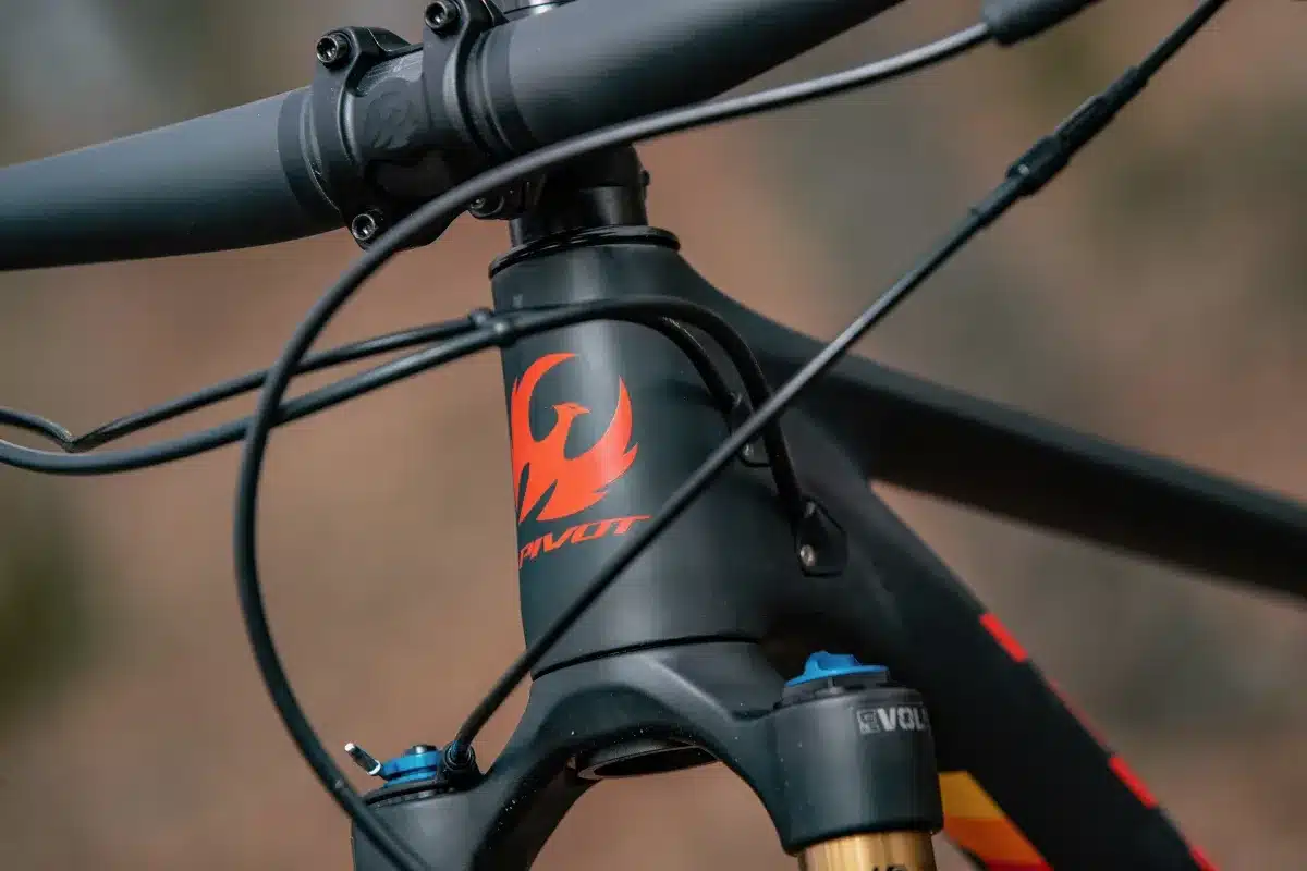 Nahaufnahme des schwarzen Pivot Les SL Mountainbikes mit rotem Phoenix-Logo auf dem Steuerrohr und einer blauen RockShox Gabel. Kabel und Lenker sind ebenfalls sichtbar.