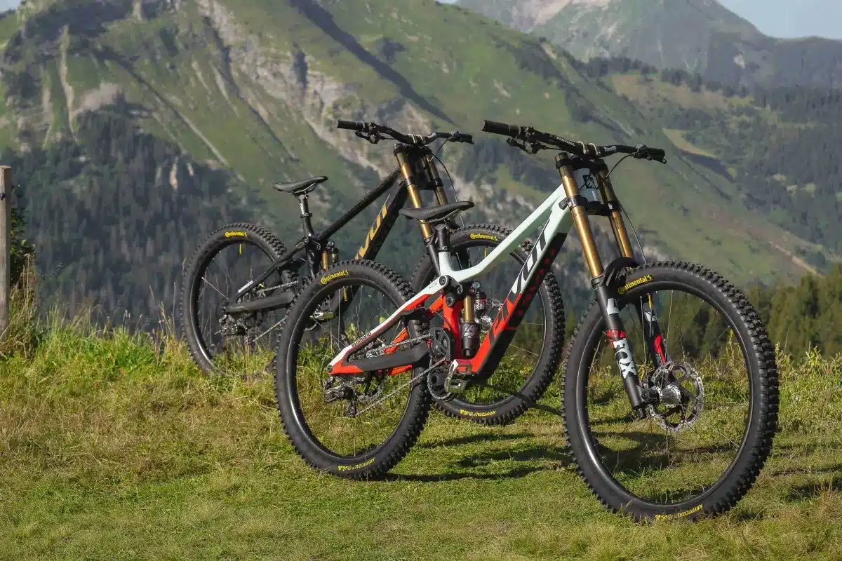 Zwei moderne Downhill-Mountainbikes, eines in Schwarz mit goldenen Akzenten und eines in Mintgrün mit roten und weißen Details, stehen nebeneinander auf einer grünen Wiese. Im Hintergrund erheben sich bewaldete Berge und Gipfel unter einem klaren Himmel.