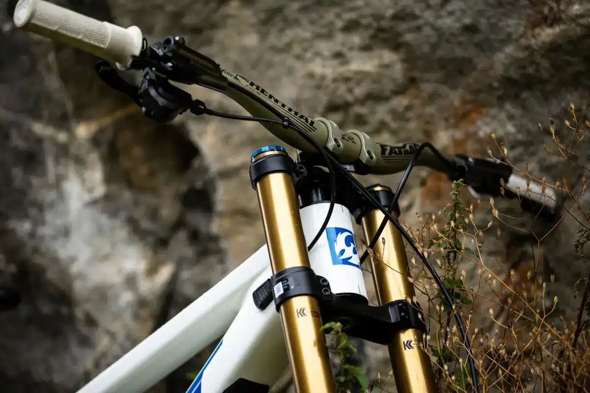 Nahaufnahme des Lenkers und der goldfarbenen Federgabel eines Pivot Phoenix Downhill Bikes vor einer felsigen Kulisse.