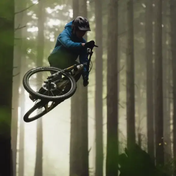 Mountainbiker im Sprung in einem Wald mit Bäumen und Nebel im Hintergrund