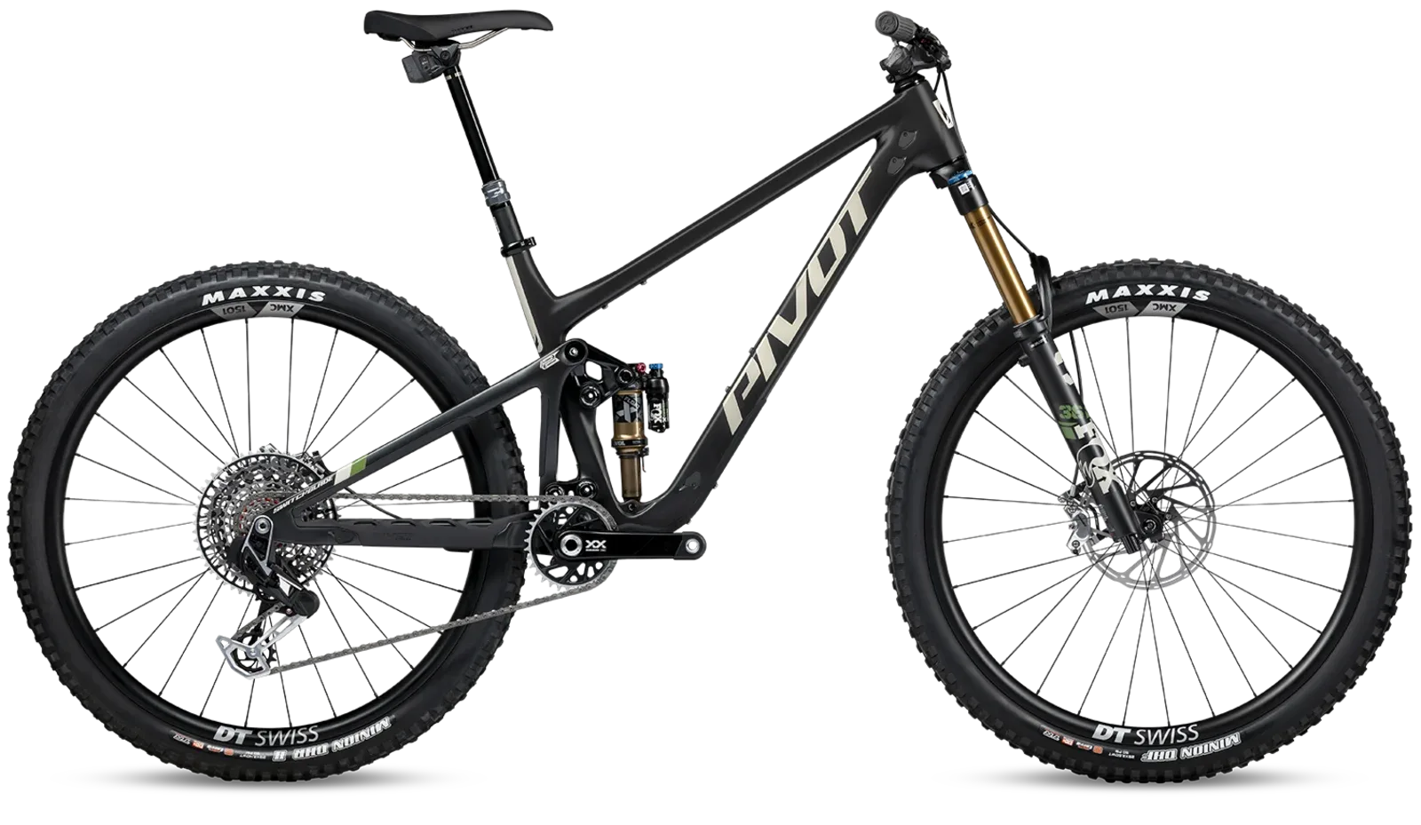 Seitenansicht eines schwarzen Pivot Switchblade Mountainbikes mit Vollfederung.