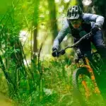 Eine Frau in voller Montur mit Helm und Brille auf einem Mountainbike, das durch einen von Farnen und Bäumen gesäumten Waldweg fährt.