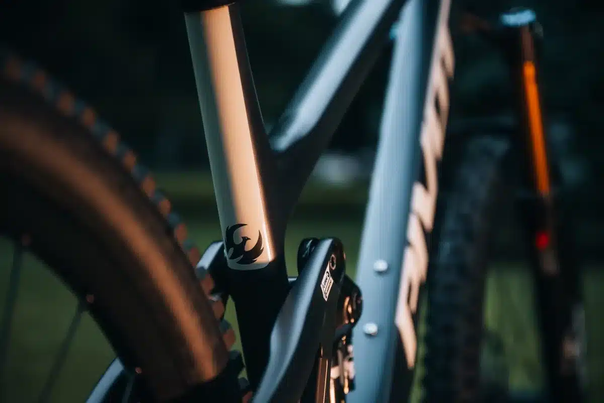 Nahaufnahme des Rahmens eines Pivot Switchblade Mountainbikes, Fokus auf das Logo und die Hinterradaufhängung.