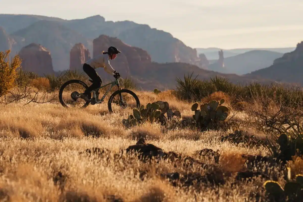 Eine Frau fährt mit einem Vollfederung-Mountainbike im Gelände, umgeben von Kakteen und trockenem Gras, mit majestätischen Bergen im Hintergrund.