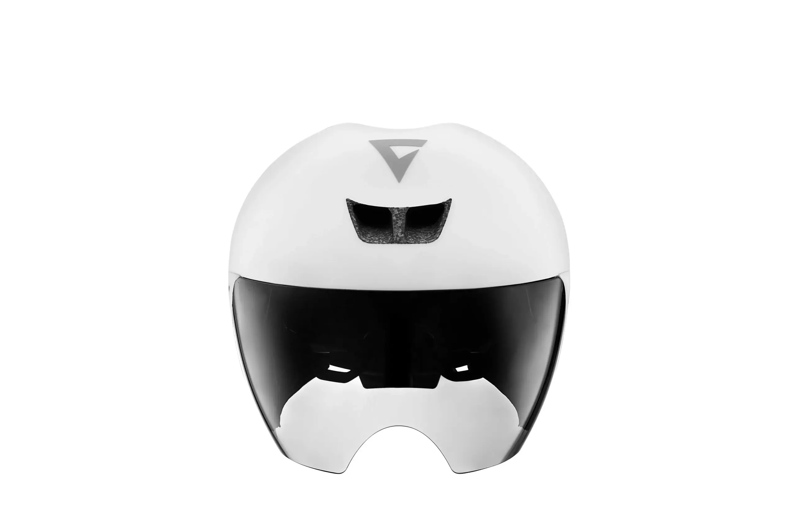 Weißer POC Rivet Mips Aerohelm mit schwarzem Visier, aus der Vorderansicht fotografiert.