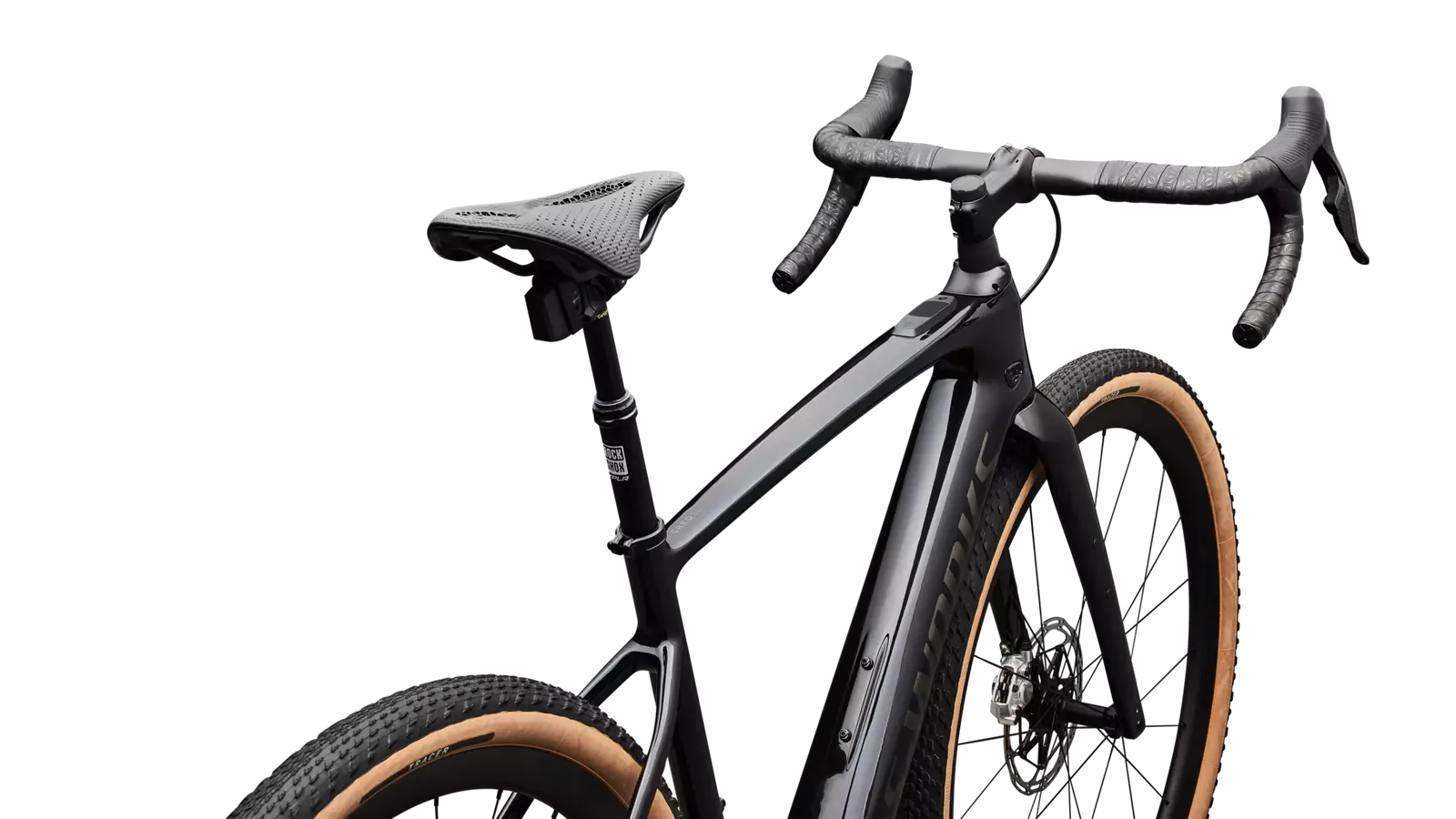 Das schwarze S-Works Turbo Creo 2 E-Gravelbike mit Fokus auf den Rahmen, die RockShox Dropper-Stütze und die Lenkerpartie.