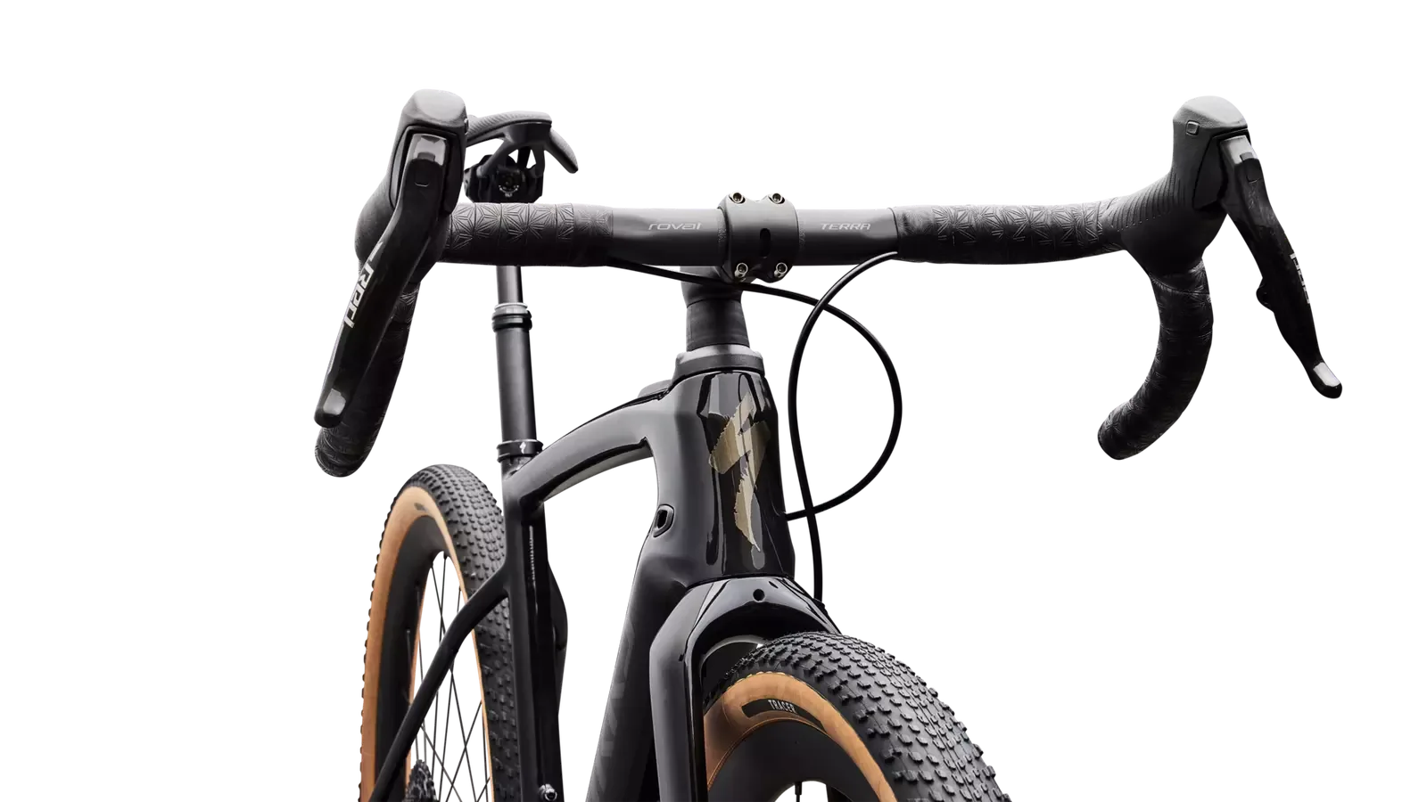 Detailaufnahme eines schwarzen S-Works Turbo Creo 2 E-Gravelbikes mit Fokus auf den Lenker, die Gabel und den Vorderradreifen.