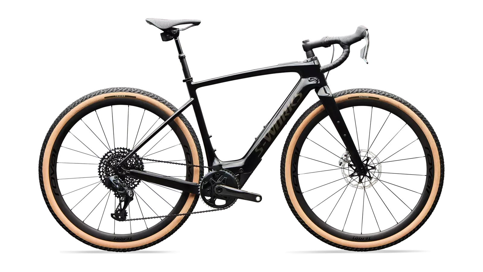 S-Works Turbo Creo 2 E-Gravelbike in voller Größe, schwarzer Carbonrahmen, Sandreifen, schwarze Felgen und schwarzer Lenker.