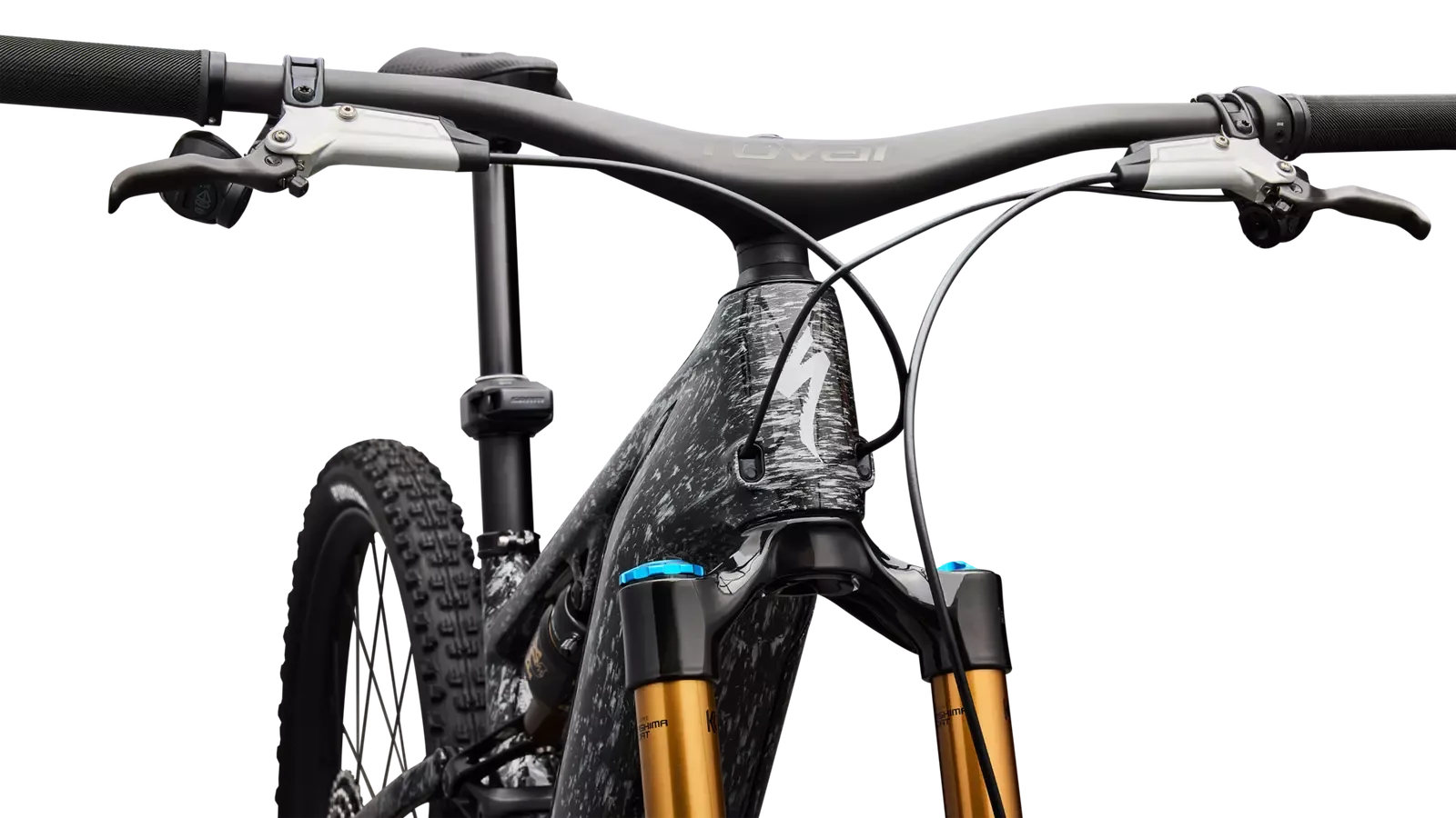 Nahaufnahme des Vorderteils eines S-Works Turbo Levo R E-Mountainbikes mit Fokus auf Lenker, Bremshebel und Gabel.