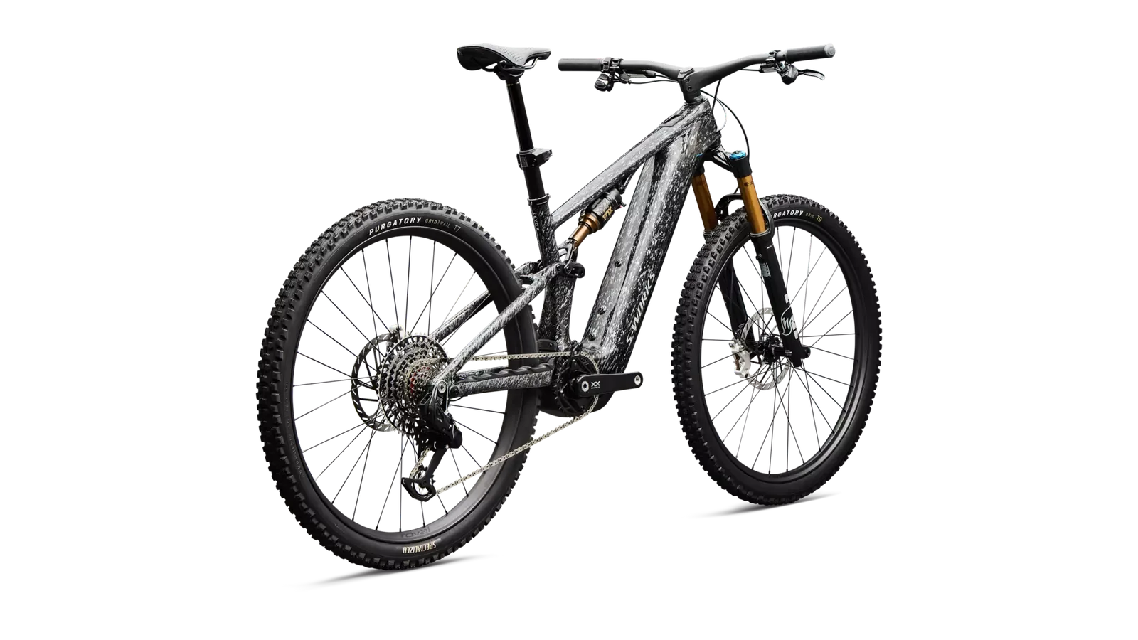 S-Works Turbo Levo R E-Mountainbike von Specialized, gezeigt von der Seite mit Fokus auf den Carbonrahmen, Federung und Laufräder.