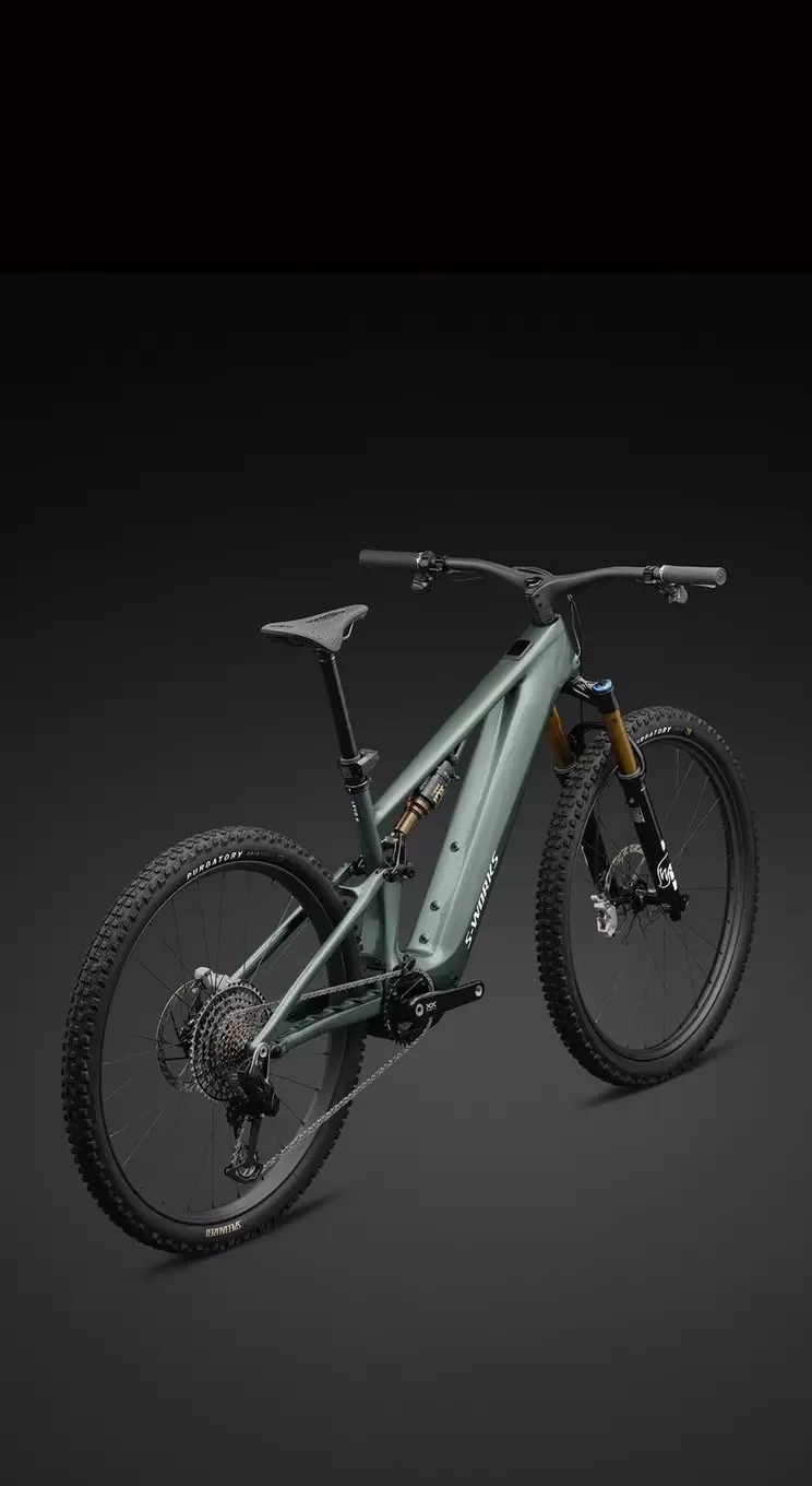 Seitenansicht eines matten S-Works Turbo Levo R E-Mountainbikes mit Fokus auf den Rahmen, die Federung und die Komponenten.