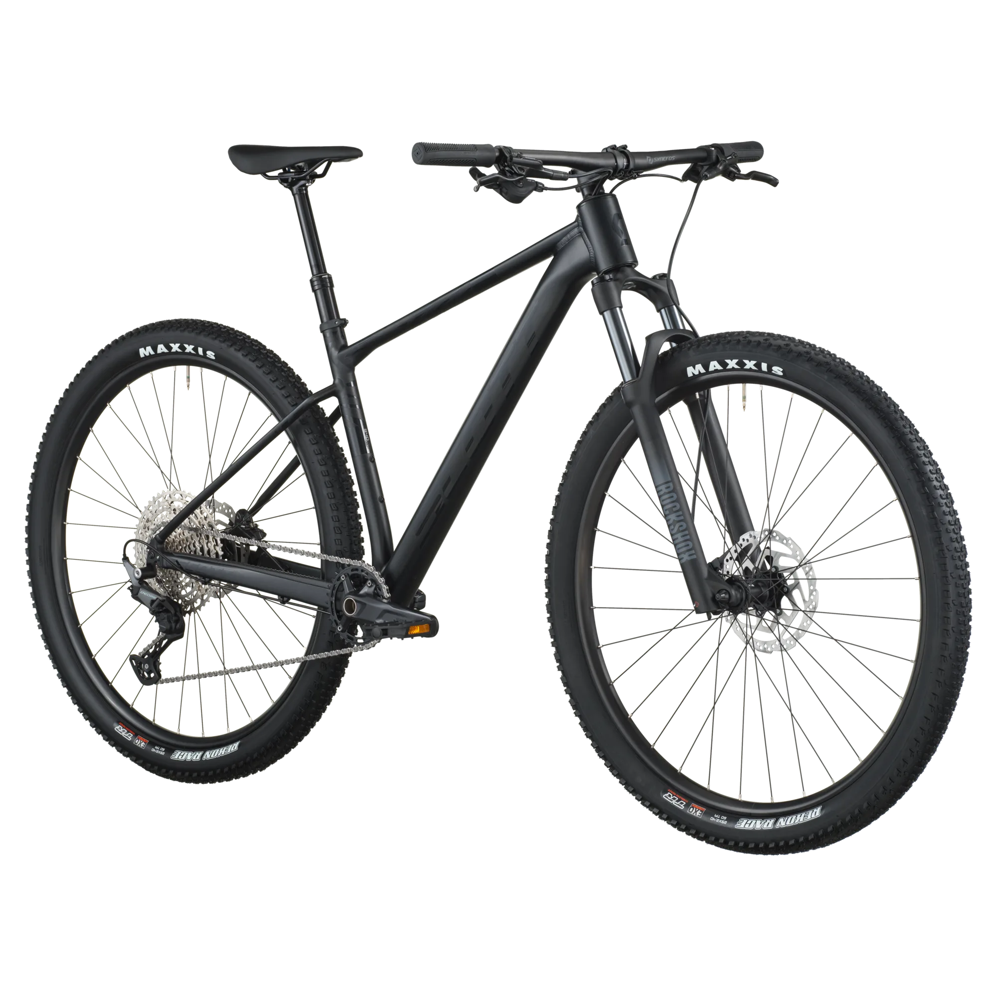 Schwarz mattes Scott Scale 940 Mountainbike mit 29-Zoll-Laufrädern, RockShox Federgabel und Shimano Deore Antrieb.