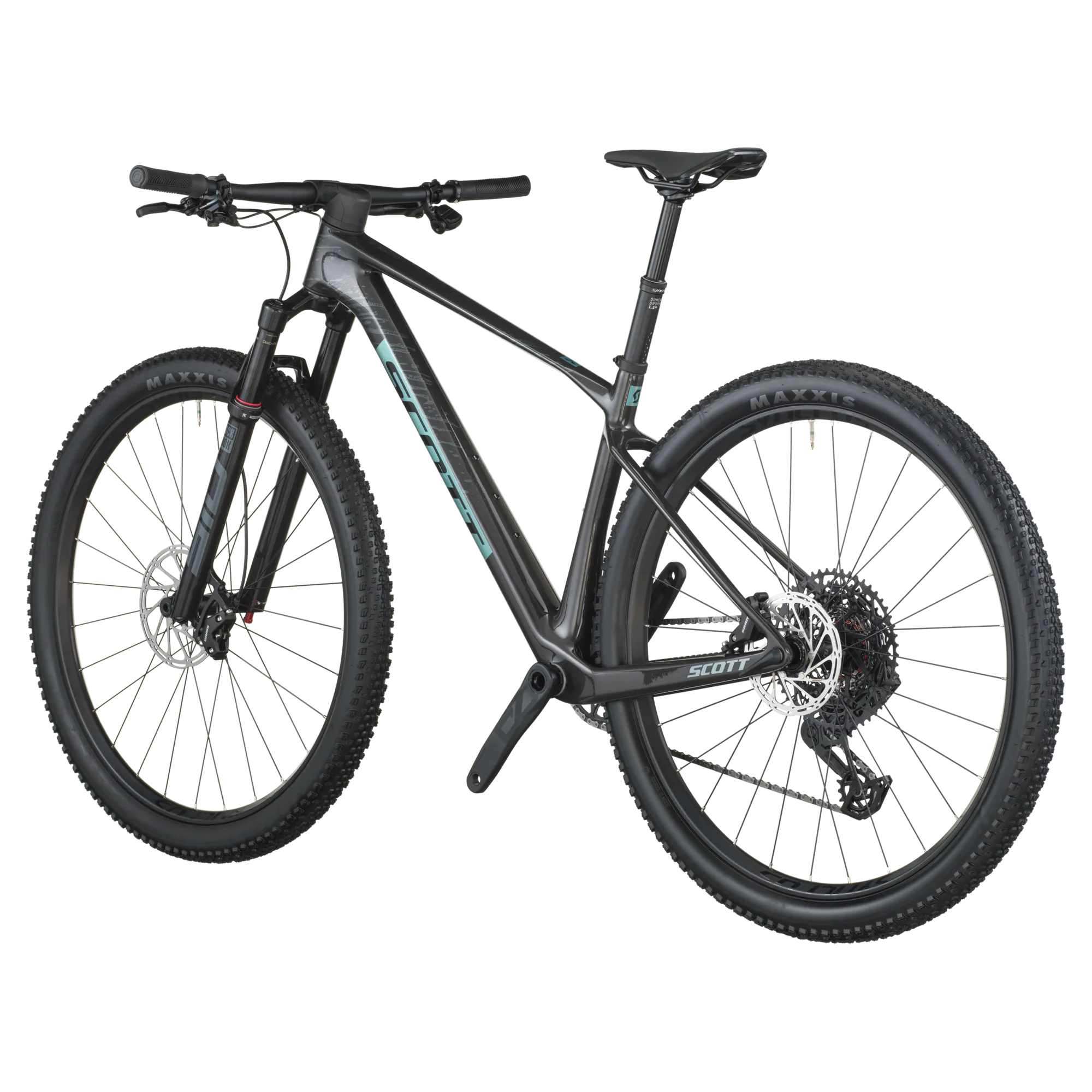 Seitenansicht eines schwarzen SCOTT Scale RC Team Mountainbikes mit blauen Akzenten auf schwarzem Hintergrund.