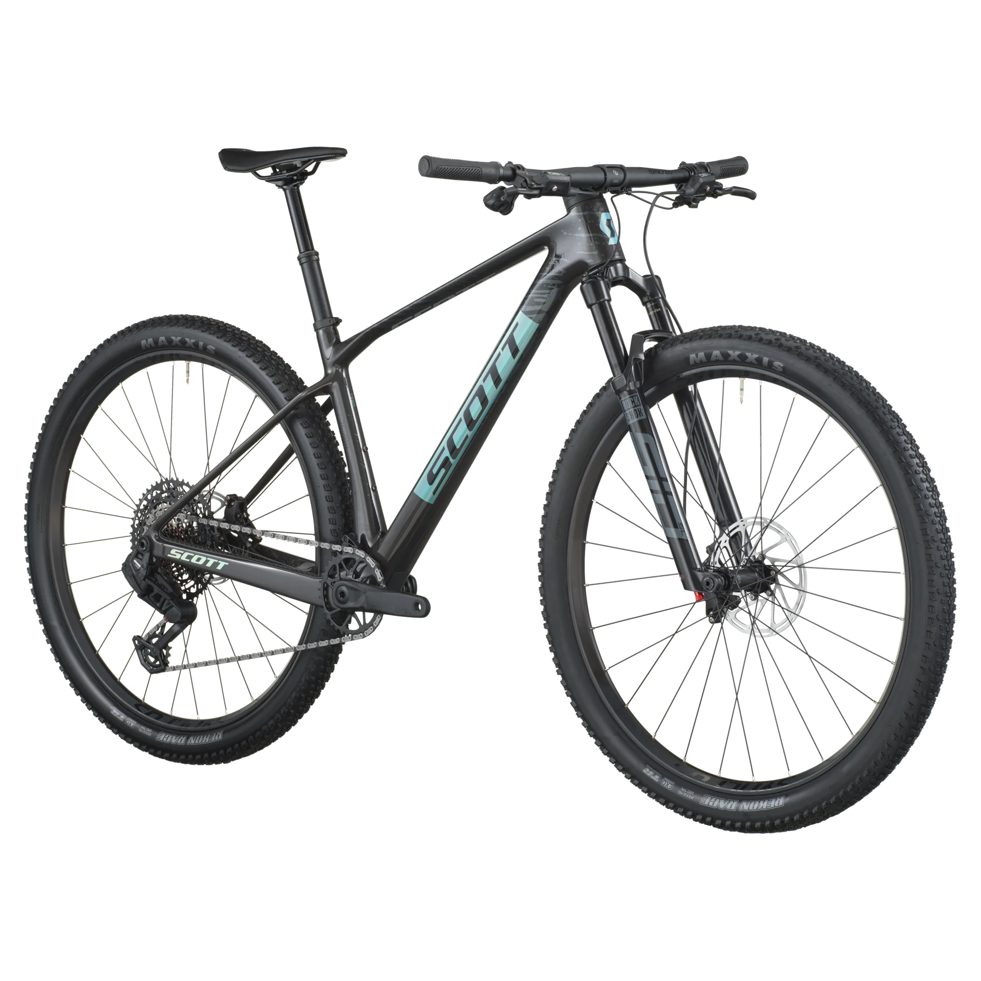Scott Scale RC Team Fahrrad in mattschwarz mit türkisen Akzenten, Blick von der Seite.