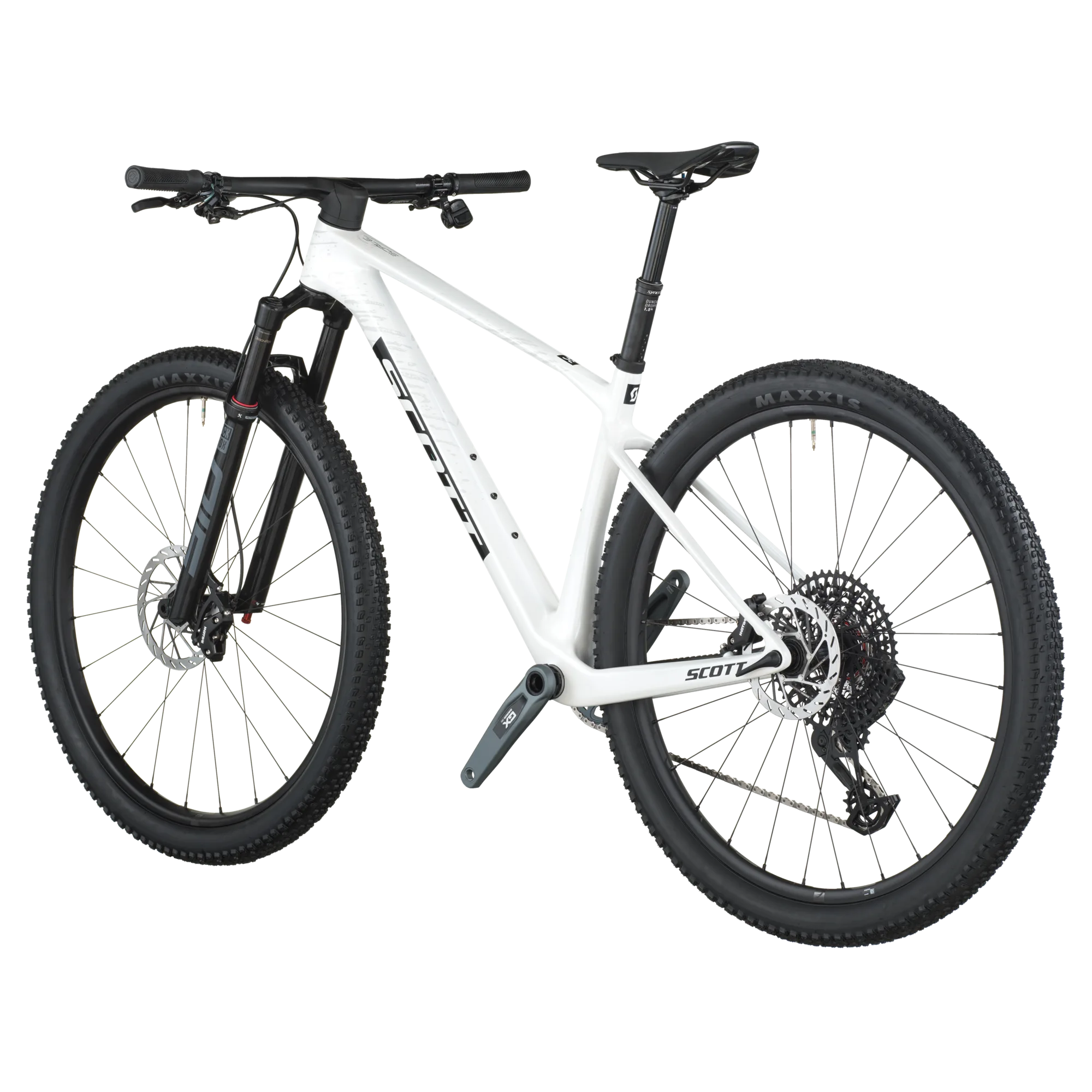 Vollansicht des SCOTT Scale RC Team Issue Cross-Country-Mountainbikes in Weiß, mit Fokus auf den Carbonrahmen, RockShox Federgabel und SRAM GX AXS Schaltung.