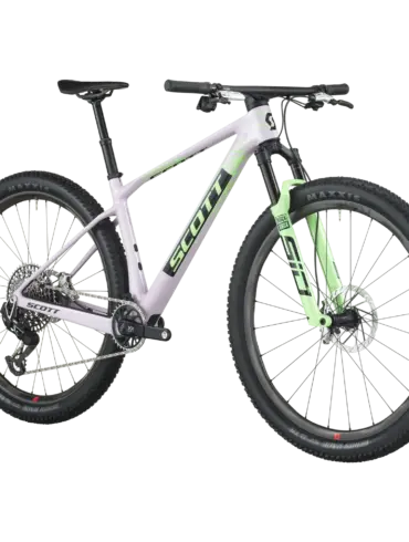 Scott Scale RC World Cup Fahrrad mit Vollfederung vorne in hush purple und grün.