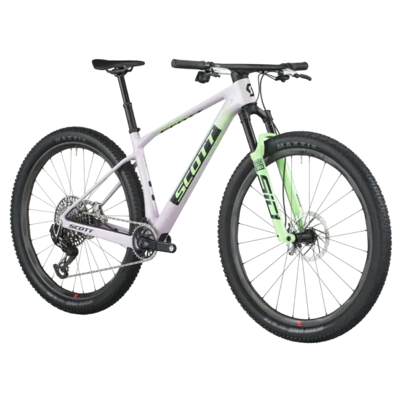 Scott Scale RC World Cup Fahrrad mit Vollfederung vorne in hush purple und grün.