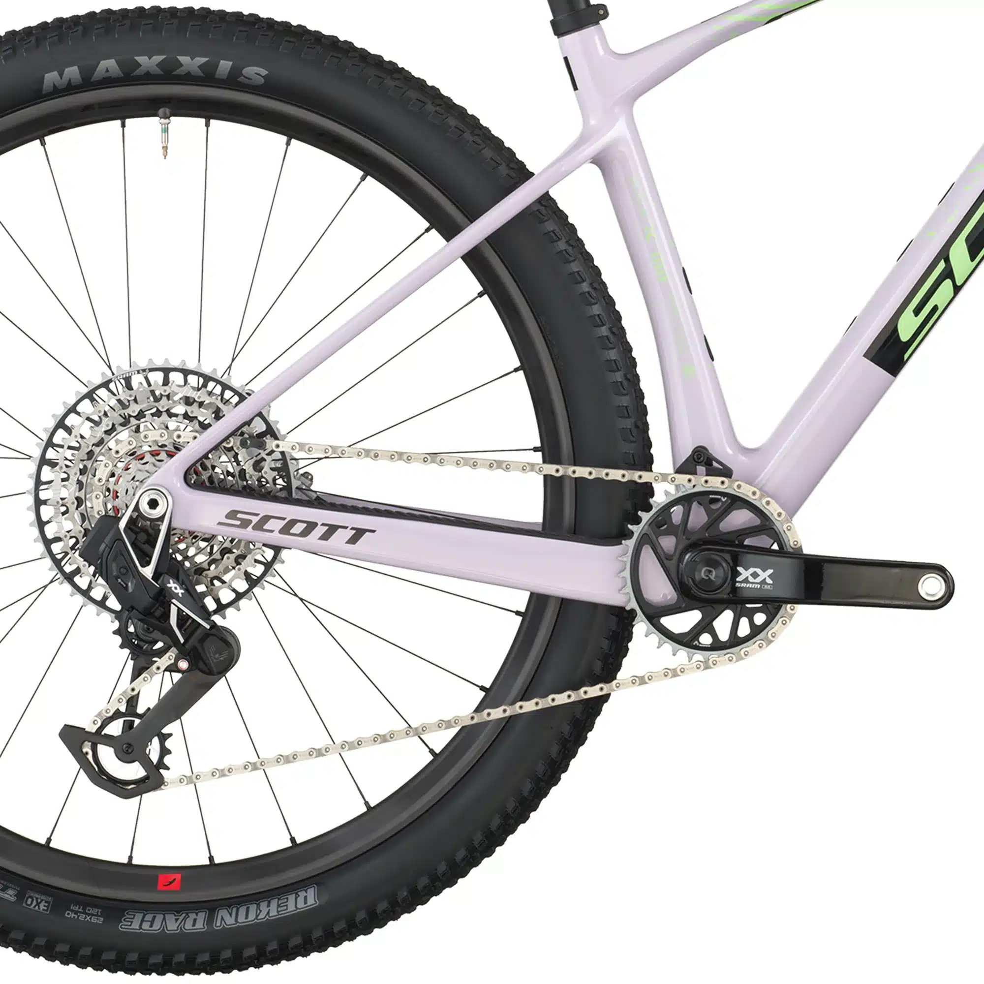 Nahaufnahme des Antriebsstrangs eines SCOTT Scale RC World Cup Mountainbikes mit SRAM XX SL Eagle AXS Schaltung.