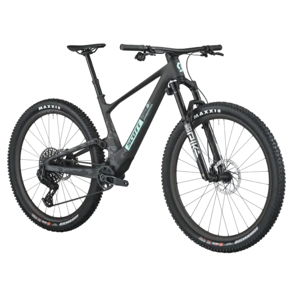 Schwarzes SCOTT Spark 900 EVO Mountainbike mit Camouflage-Muster auf dem Rahmen und türkisfarbener "SCOTT"-Schrift.